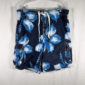 OP Swim Trunks Men's Large Blue Floral Lined Elastic Waist Tie Hook Loop